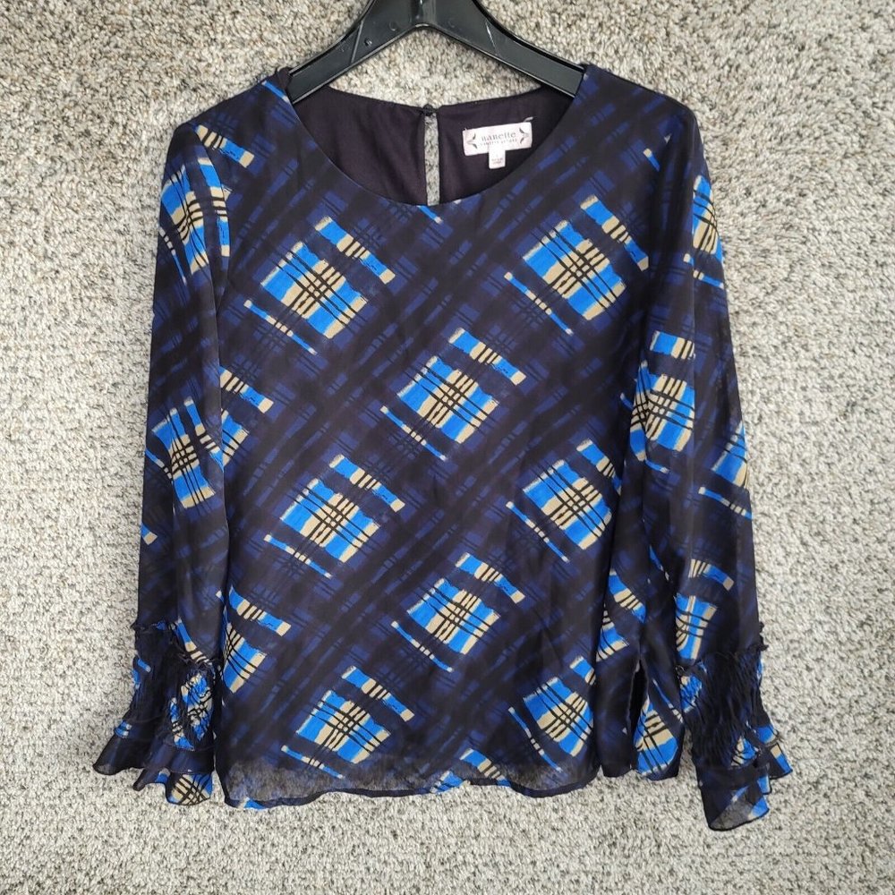 Nanette Lepore Top Womens Large Blue Printed Lined Smocked Sleeve Blouse Ladies